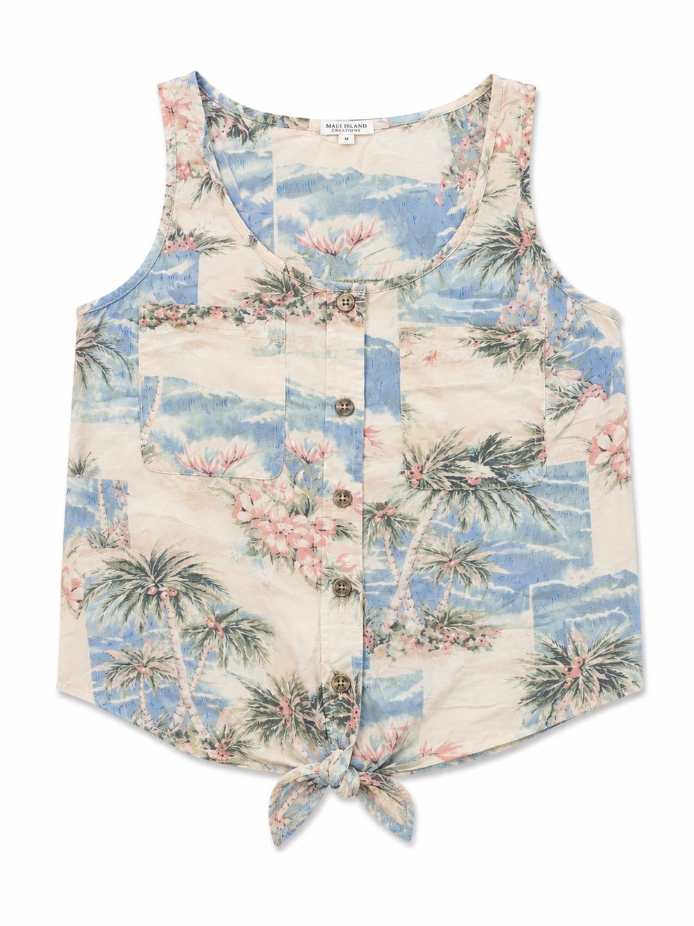 American Tropical Palm Tie-Front Tank Top - Blue, Cream & Pink Sizr XS